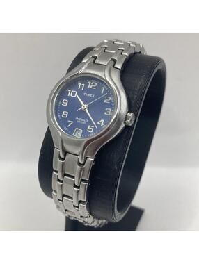 Womens Timex Indiglo Watch Navy Blue Face Silver Steel Link Bracelet NEW BATTERY